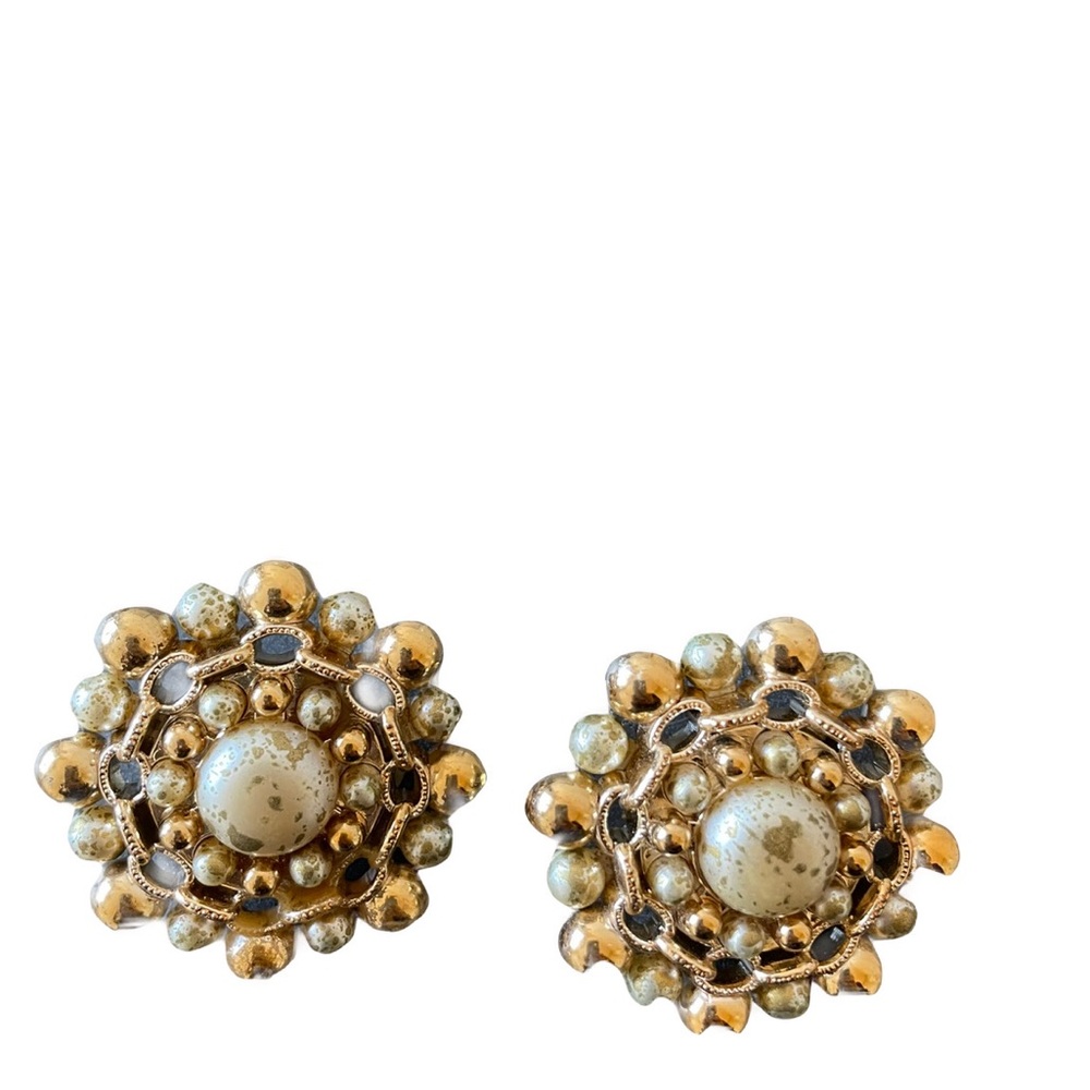 ❤️ GOLD & PEARL STATEMENT ROUND CLIP ON EARRINGS VINTAGE